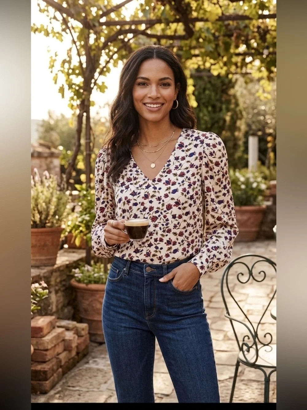 Banana Republic Long Puff Sleeve Floral Blouse Sz S Boho Satin V Neck Office